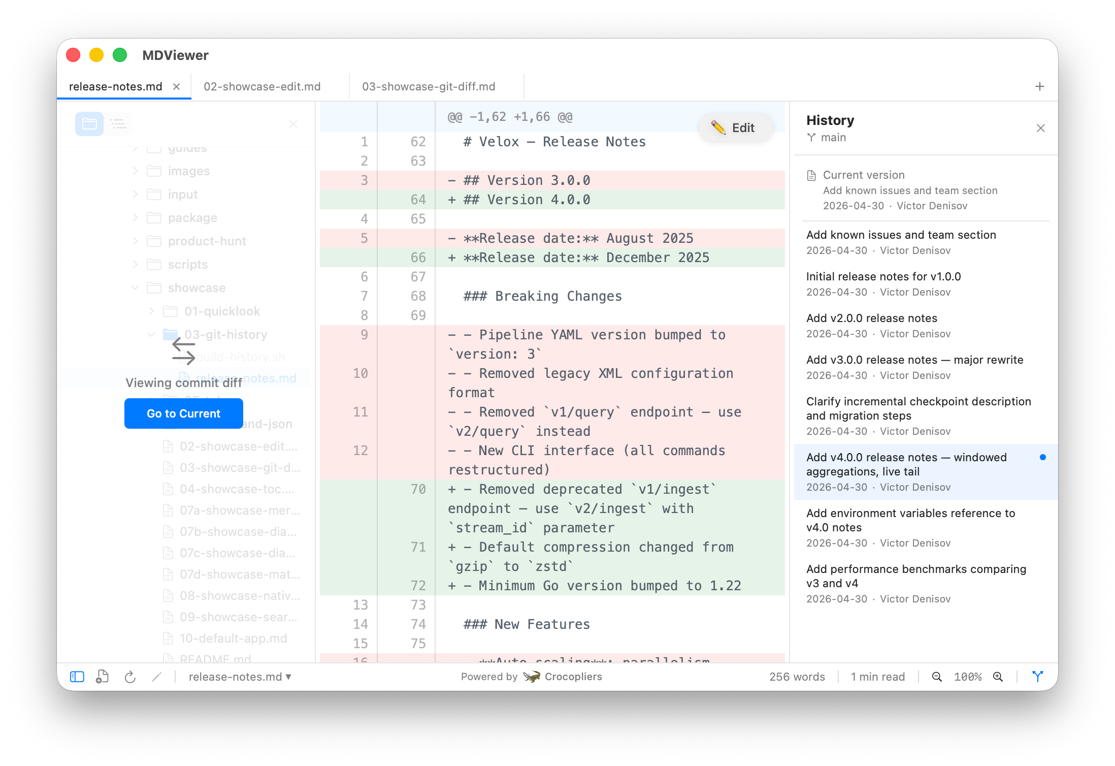Git history and diff view for markdown files on Mac