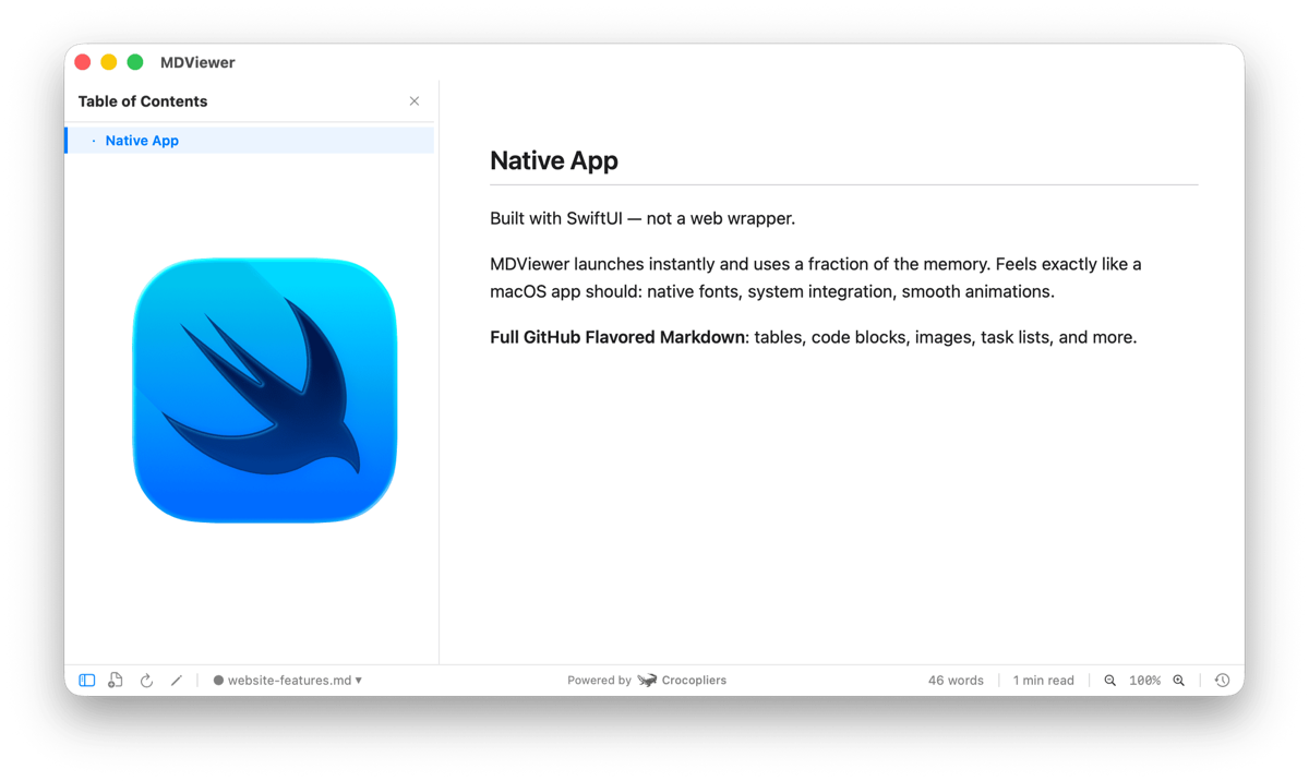 Native macOS markdown viewer built with SwiftUI — no Electron